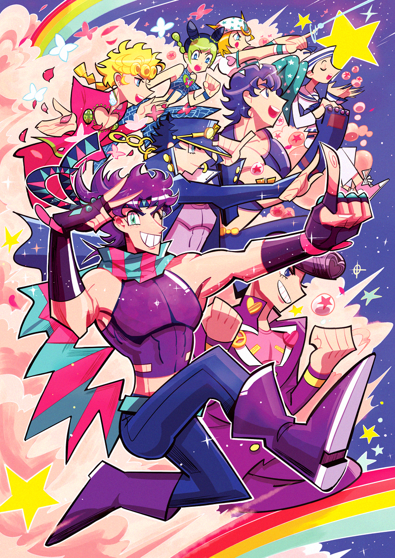 joseph joestar, kujo jotaro, kujo jolyne, giorno giovanna, jonathan joestar, and 1 more (jojo no kimyou na bouken and 8 more) drawn by invaderdarling