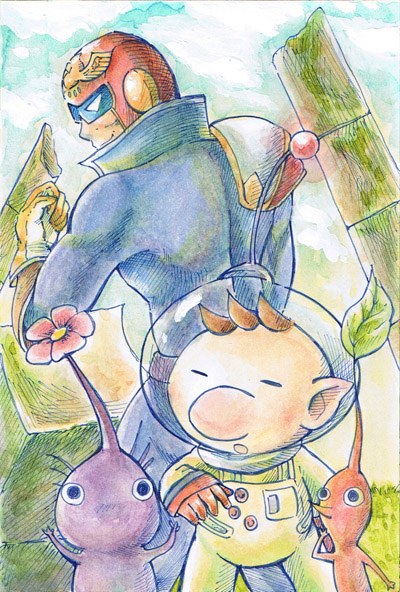 red pikmin, olimar, purple pikmin, and captain falcon (super smash bros. and 2 more) drawn by hira_saiki