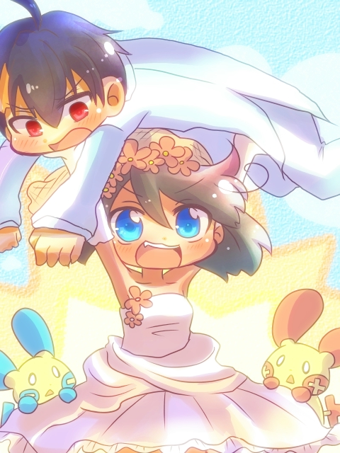 may, brendan, minun, and plusle (pokemon and 1 more) drawn by kizuchi_(oufupuu)