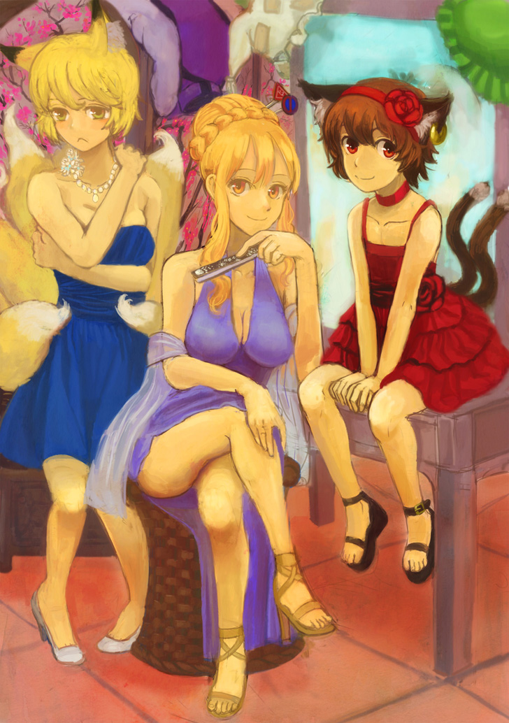 yakumo yukari, yakumo ran, and chen (touhou) drawn by kibougou