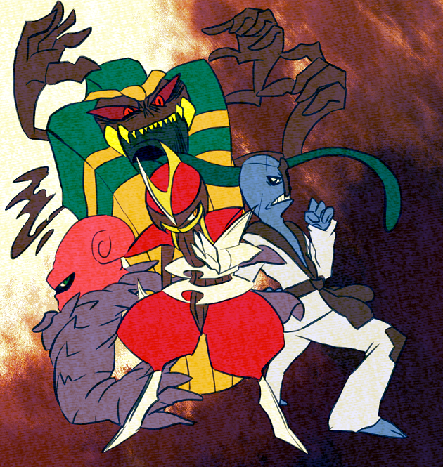 bisharp, cofagrigus, sawk, and accelgor (pokemon) drawn by minashirazu