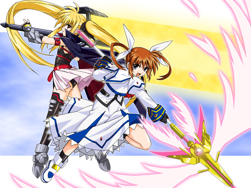 fate testarossa, takamachi nanoha, raising heart, and bardiche (lyrical nanoha and 2 more) drawn by oyama_(fortune_pandora)