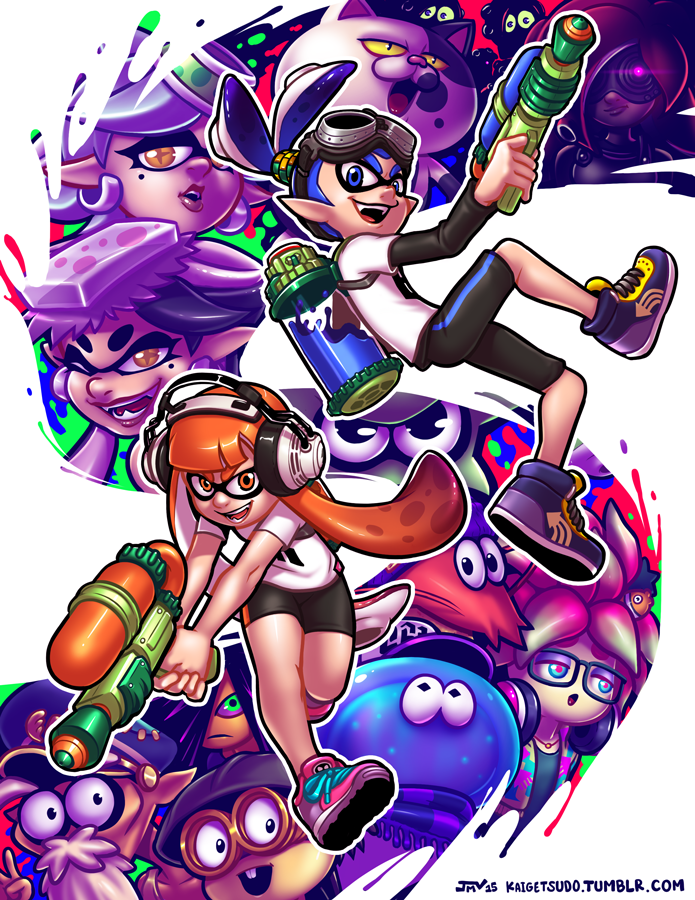 inkling player character, inkling girl, octoling player character, callie, marie, and 12 more (splatoon and 1 more) drawn by jmanvelez