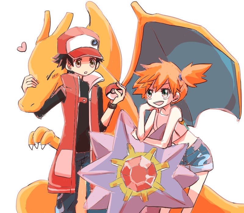 red, misty, charizard, and starmie (pokemon and 1 more) drawn by tora_kaede