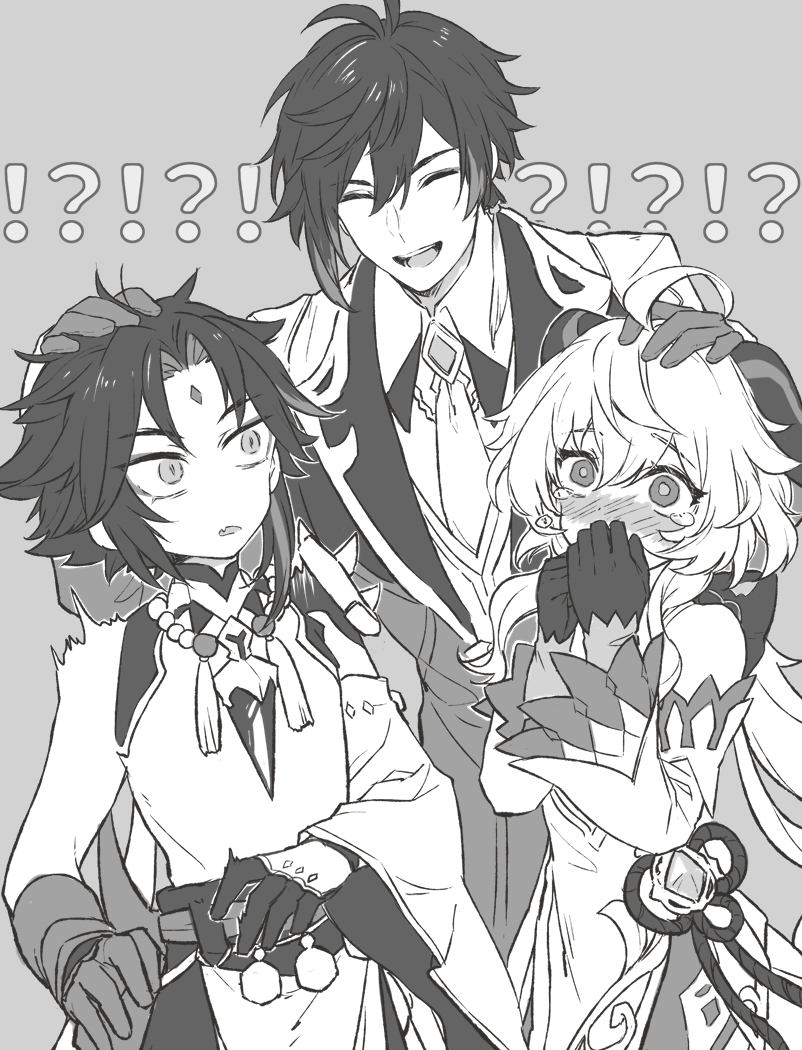 ganyu, zhongli, and xiao (genshin impact) drawn by orangettea26