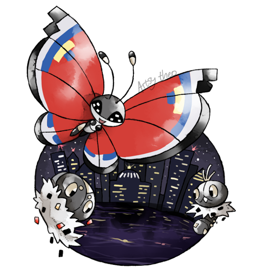 vivillon, spewpa, and scatterbug (pokemon) drawn by artsy-theo