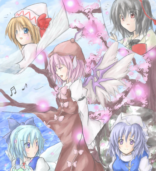 cirno, shameimaru aya, mystia lorelei, letty whiterock, and lily white (touhou) drawn by jonii_(coolier)