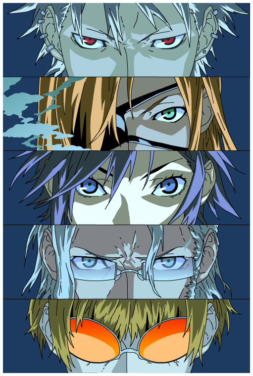 fuyumine naoto, haine rammsteiner, badou nails, mihai mihaeroff, and giovanni rammsteiner (dogs: bullets & carnage) drawn by sami_(object_dump)