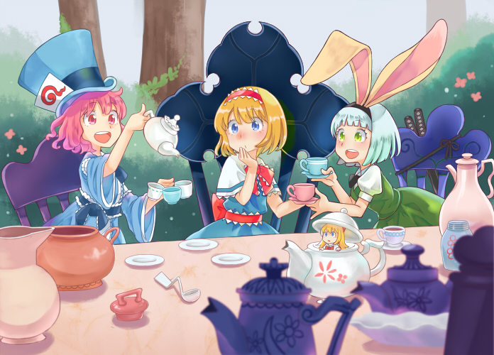 konpaku youmu, alice margatroid, saigyouji yuyuko, shanghai doll, mad hatter, and 1 more (touhou and 1 more) drawn by bogyaku_no_m