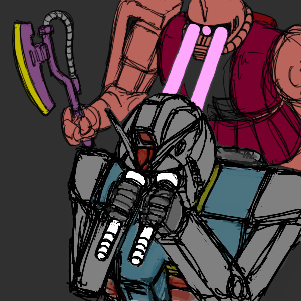 rx-78-2 gundam, zaku ii, and zaku ii s char custom (gundam and 1 more) drawn by hiki_shimeriro
