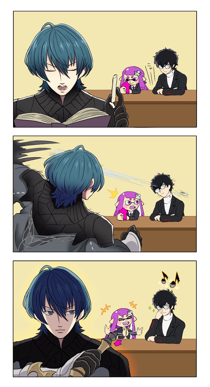 inkling player character, inkling girl, amamiya ren, and male byleth (fire emblem and 5 more) drawn by sumaboooo
