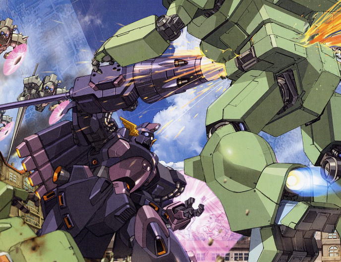 jegan, den'an zon, berga giros, and f71 g-cannon (gundam and 1 more) drawn by kenki_fujioka
