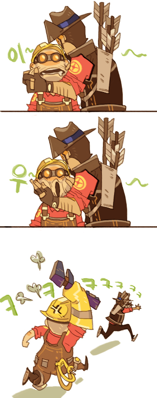 engineer, sniper, red engineer, and red sniper (team fortress 2) drawn by 22_(tak_ja)