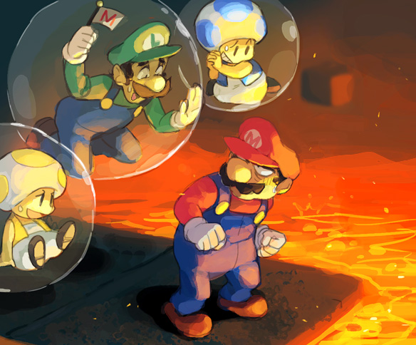 mario, luigi, toad, blue toad, and yellow toad (mario and 1 more) drawn by motohashi_mari
