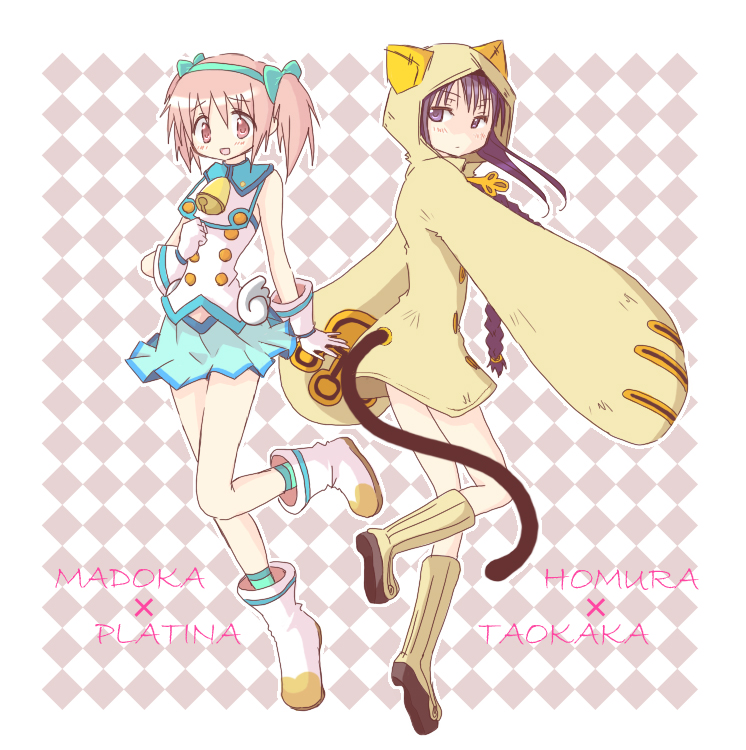 akemi homura, kaname madoka, taokaka, platinum the trinity, yuuki aoi, and 1 more (mahou shoujo madoka magica and 1 more) drawn by uni_(leamyuse)