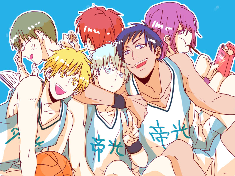 kuroko tetsuya, aomine daiki, kise ryouta, akashi seijuurou, midorima shintarou, and 1 more (kuroko no basuke) drawn by hnbs