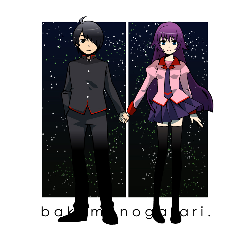 senjougahara hitagi and araragi koyomi (monogatari and 1 more) drawn by osomatsu_(nanameno)