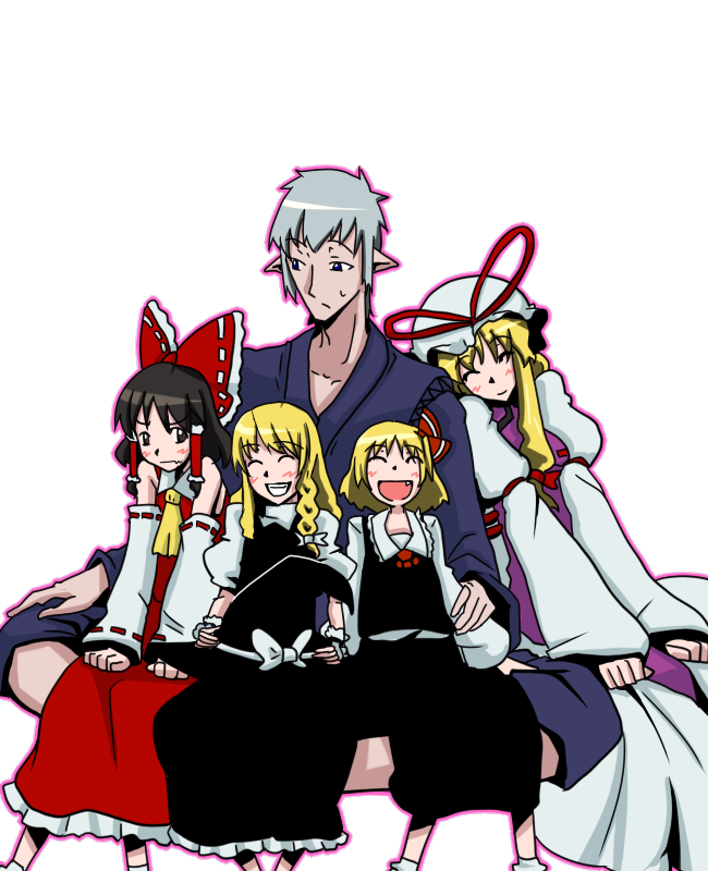 hakurei reimu, kirisame marisa, yakumo yukari, rumia, and buront (touhou and 3 more) drawn by bakuya