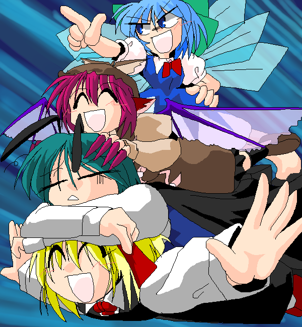 cirno, rumia, mystia lorelei, and wriggle nightbug (touhou) drawn by kieyza