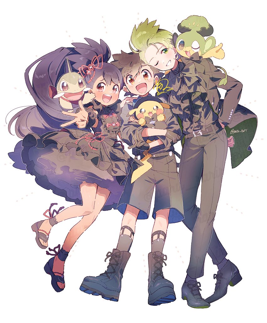 pikachu, ash ketchum, iris, cilan, axew, and 1 more (pokemon and 1 more) drawn by serizawa_serizane