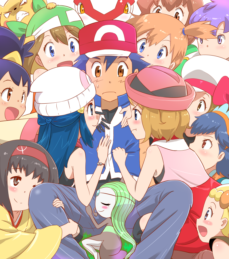pikachu, dawn, may, ash ketchum, serena, and 10 more (pokemon and 5 more) drawn by mushi_gyouza