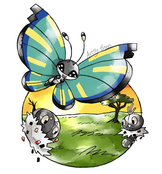 vivillon, spewpa, and scatterbug (pokemon) drawn by artsy-theo