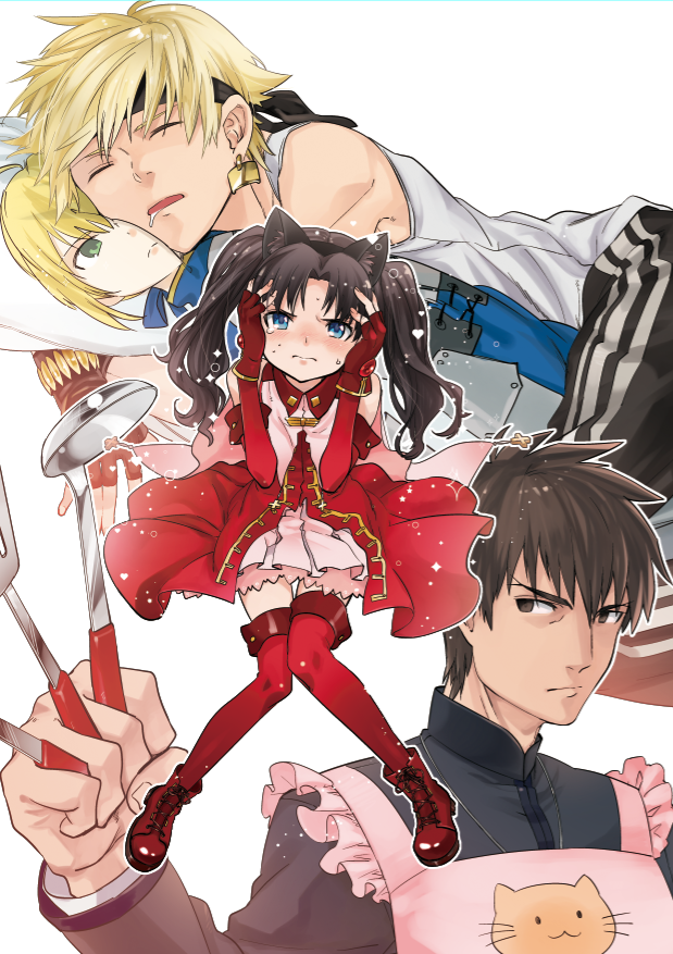 artoria pendragon, saber, tohsaka rin, gilgamesh, kotomine kirei, and 1 more (fate and 3 more) drawn by ocha_(oteaaa)