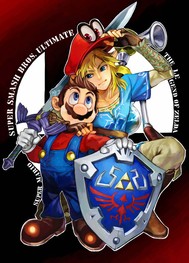link, mario, cappy, and f.l.u.d.d. (the legend of zelda and 4 more) drawn by antique_(artist)