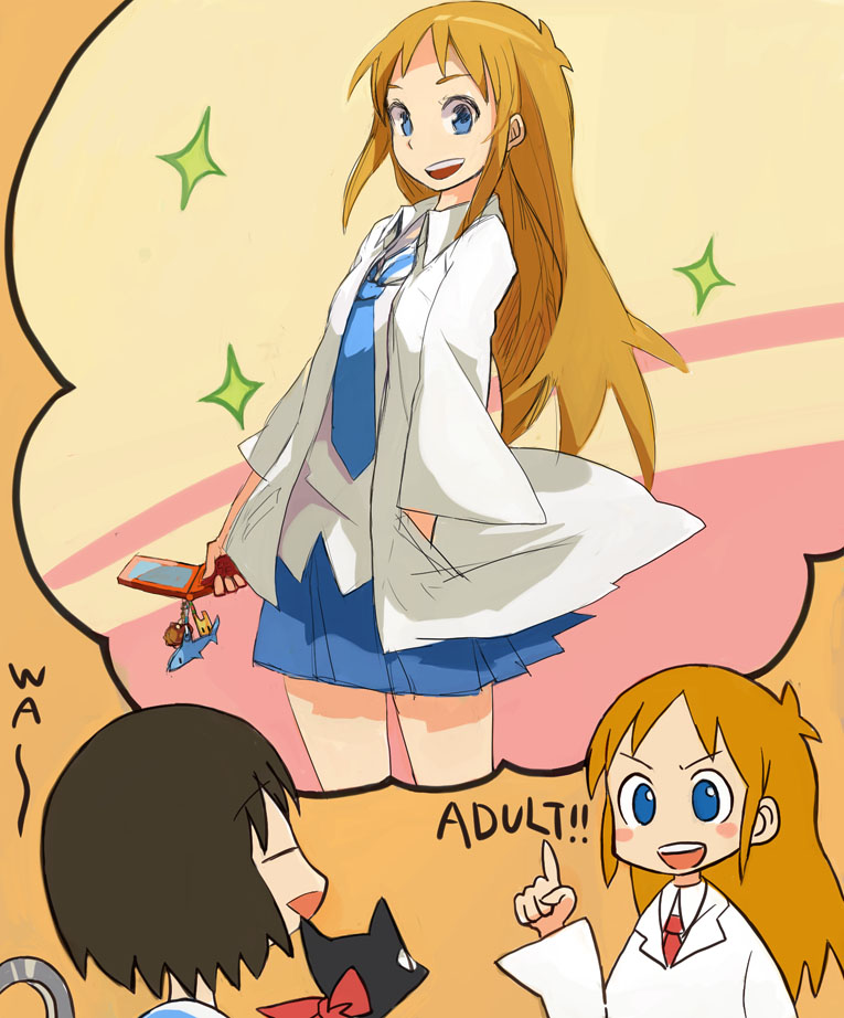 shinonome nano, professor shinonome, and sakamoto (nichijou) drawn by nd