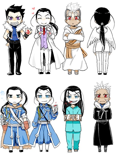 greed, solf j. kimblee, scar, miles, and isaac macdougal (fullmetal alchemist) drawn by ntm