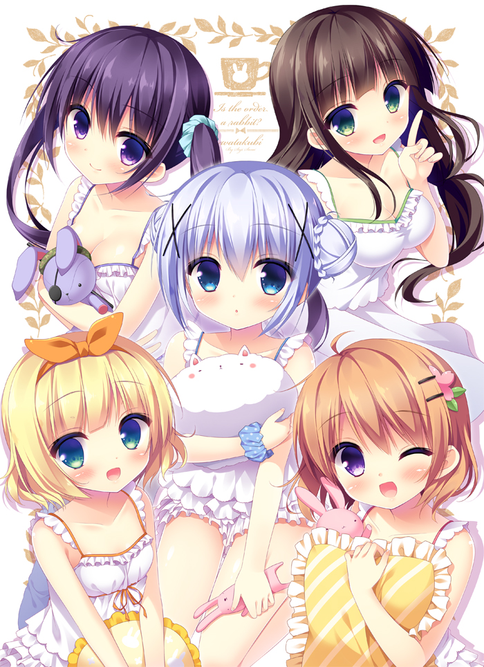 kafuu chino, hoto cocoa, kirima syaro, tippy, tedeza rize, and 1 more (gochuumon wa usagi desu ka?) drawn by sasai_saji