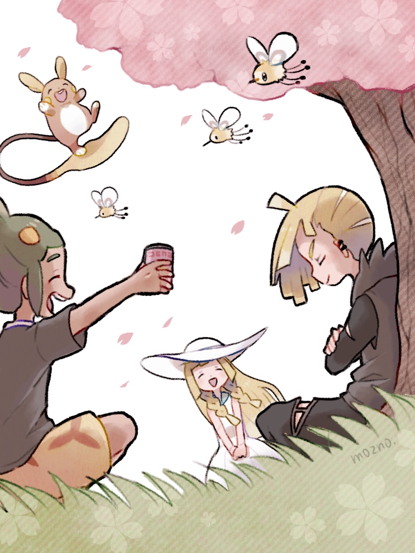 lillie, gladion, hau, cutiefly, and alolan raichu (pokemon and 1 more) drawn by mozpoke