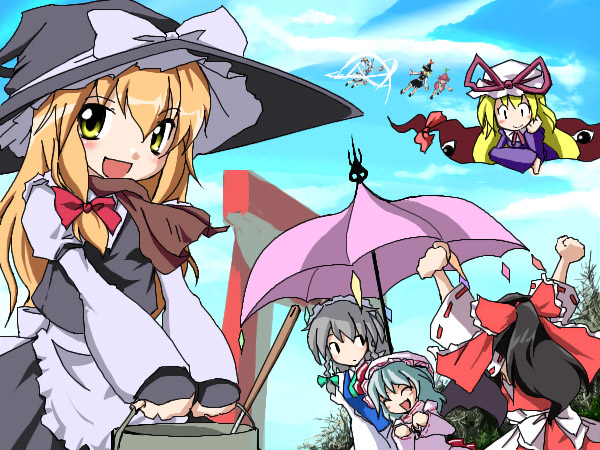 hakurei reimu, kirisame marisa, remilia scarlet, izayoi sakuya, and yakumo yukari (touhou) drawn by neki-t