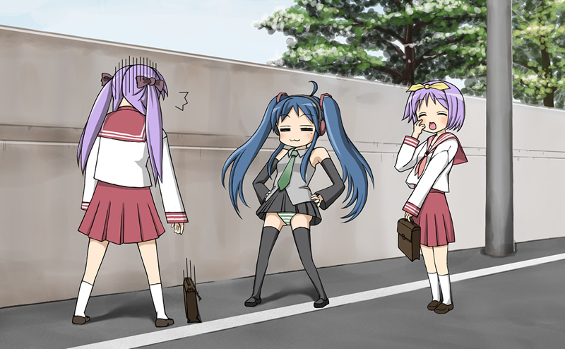 hatsune miku, hiiragi kagami, izumi konata, and hiiragi tsukasa (vocaloid and 1 more) drawn by ryou_(effort)