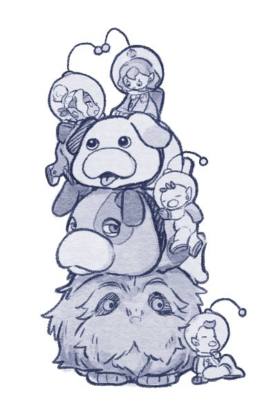 olimar, louie, rescue officer, oatchi, shepherd, and 2 more (pikmin and 1 more) drawn by lemonrange_rom