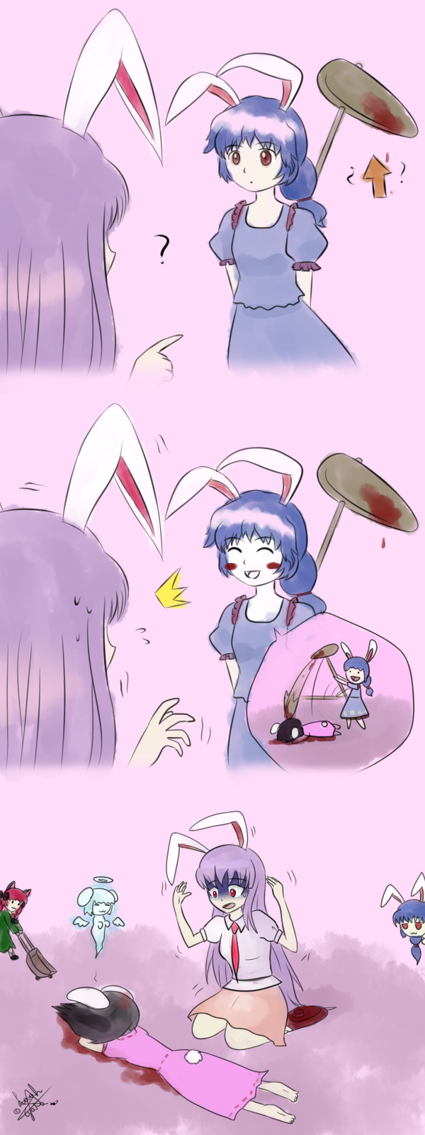 reisen udongein inaba, kaenbyou rin, inaba tewi, and seiran (touhou) drawn by laahgata