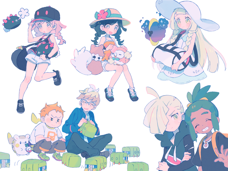 lillie, selene, rowlet, gladion, hau, and 7 more (pokemon and 1 more) drawn by sweetholic