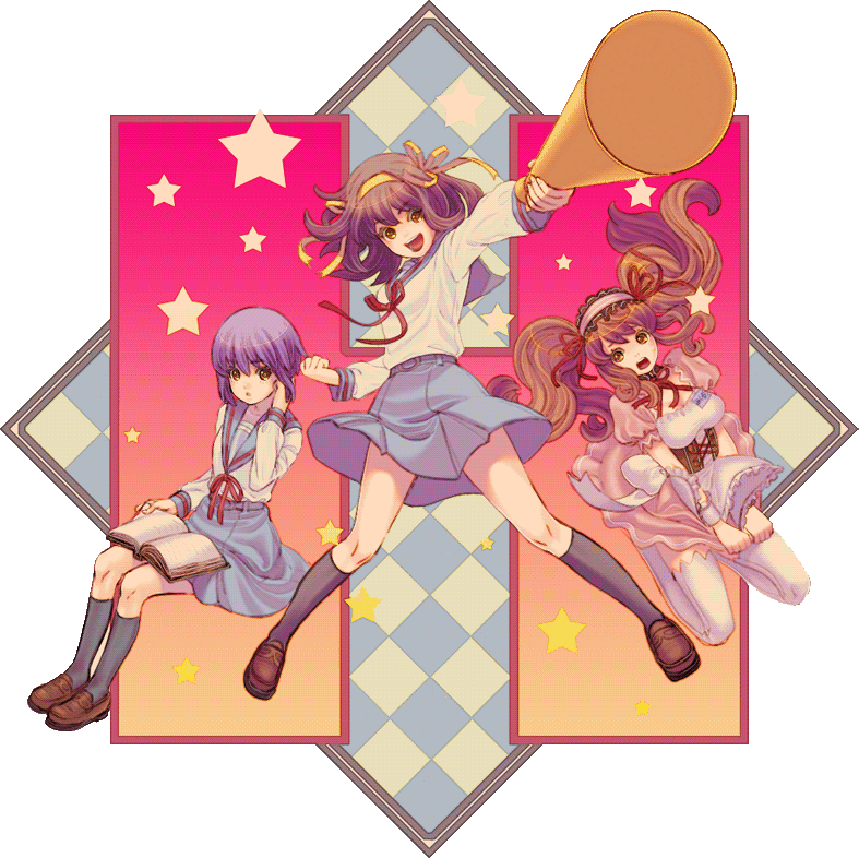 suzumiya haruhi, nagato yuki, and asahina mikuru (suzumiya haruhi no yuuutsu) drawn by yugume