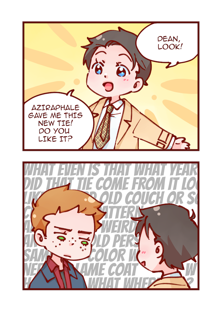 castiel and dean winchester (good omens and 1 more) drawn by kamicom