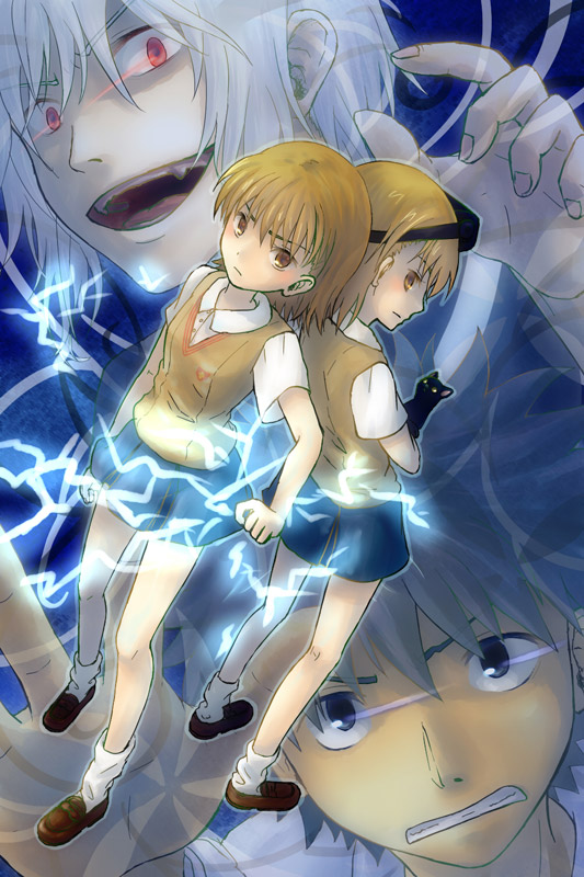 misaka mikoto, kamijou touma, accelerator, misaka imouto, and misaka imouto 10032's cat (toaru majutsu no index and 1 more) drawn by mizuuma