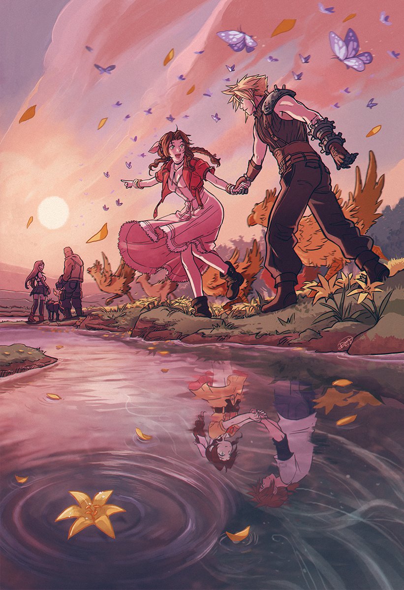 tifa lockhart, cloud strife, aerith gainsborough, barret wallace, and red xiii (final fantasy and 2 more) drawn by diana_mercolini