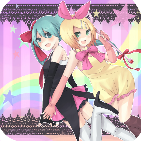 hatsune miku and kagamine rin (vocaloid) drawn by wadaka
