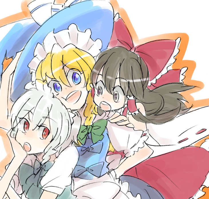 hakurei reimu, kirisame marisa, and izayoi sakuya (touhou) drawn by mokeo