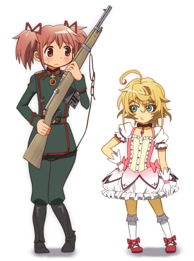kaname madoka, tanya degurechaff, and yuuki aoi (mahou shoujo madoka magica and 1 more) drawn by onomekaman