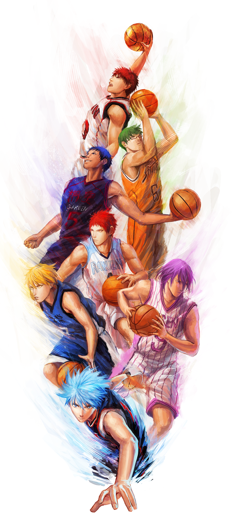 kuroko tetsuya, aomine daiki, kise ryouta, kagami taiga, akashi seijuurou, and 2 more (kuroko no basuke) drawn by kamille_areopagita