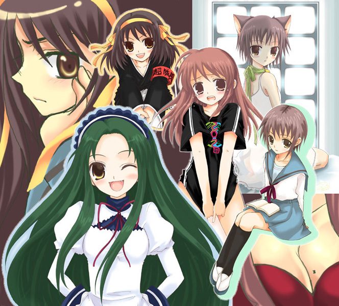 suzumiya haruhi, nagato yuki, asahina mikuru, and tsuruya (suzumiya haruhi no yuuutsu) drawn by sakurai_unan