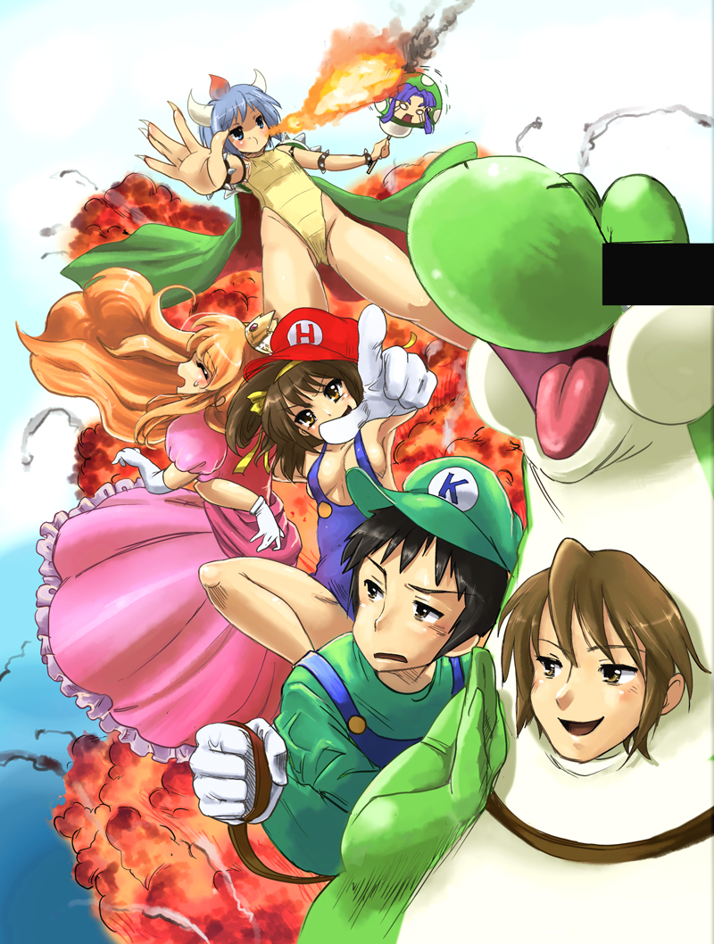 suzumiya haruhi, nagato yuki, princess peach, mario, asahina mikuru, and 6 more (mario and 1 more) drawn by bt_(shio_oninko)