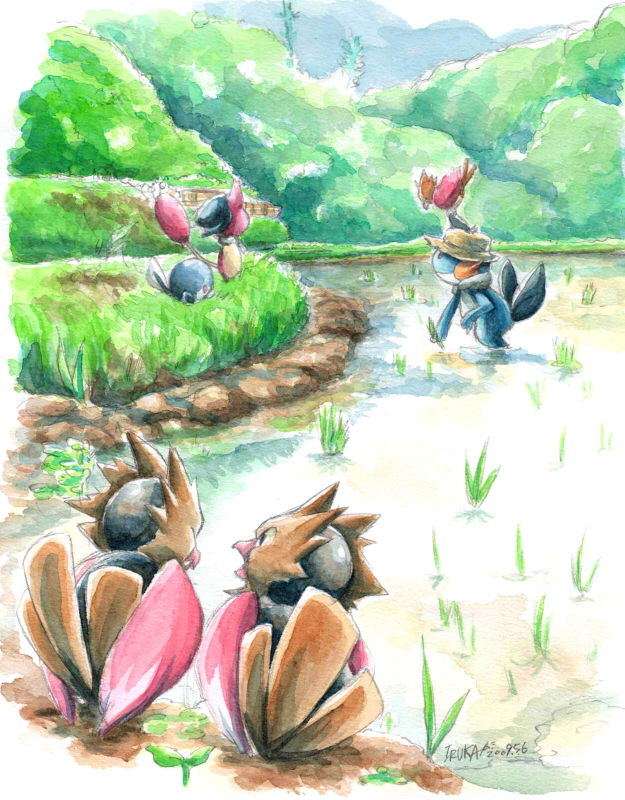 skitty, poliwag, marshtomp, and spearow (pokemon) drawn by sanshoku_iruka