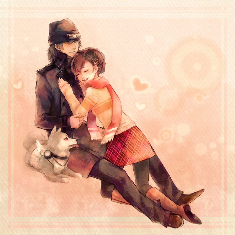 shiomi kotone, aragaki shinjirou, and koromaru (persona and 2 more) drawn by xxnicol