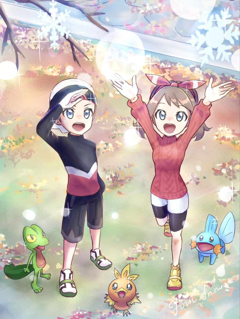 may, brendan, torchic, mudkip, and treecko (pokemon and 1 more) drawn by shiriusu